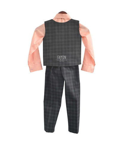 Fayon Kids Dark Blue Check Waist Coat Set with Peach Shirt Pant for Boys