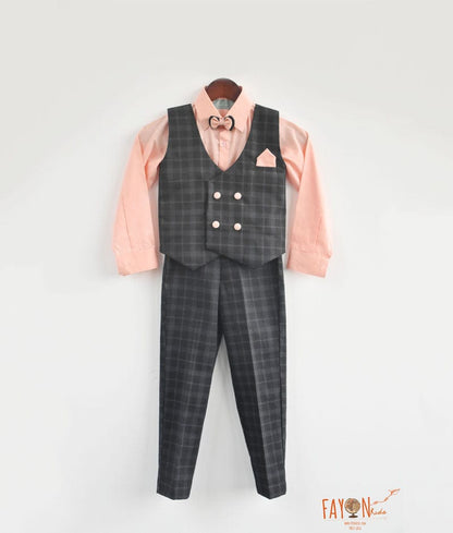 Fayon Kids Dark Blue Check Waist Coat Set with Peach Shirt Pant for Boys