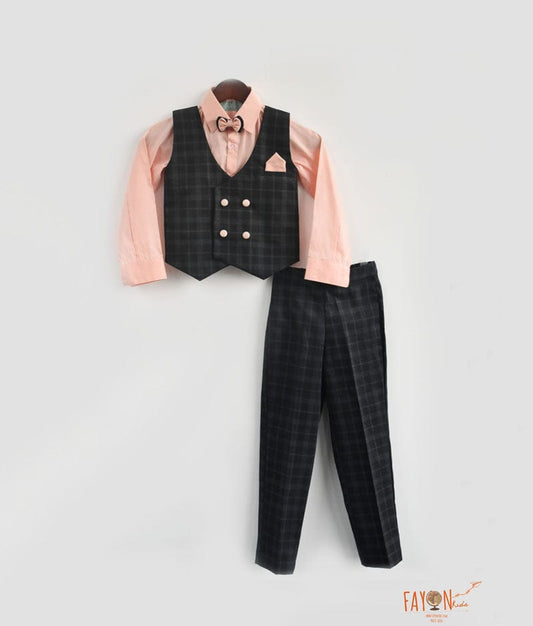 Fayon Kids Dark Blue Check Waist Coat Set with Peach Shirt Pant for Boys