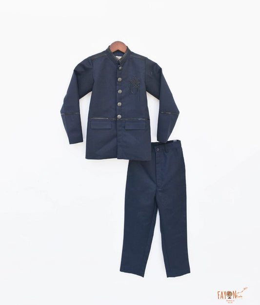 Fayon Kids Dark Blue Coat with Black Metal Buttons with Pant for Boys
