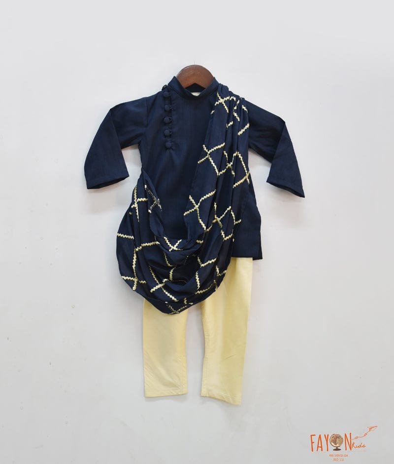 Fayon Kids Dark Blue Embroidery Cowl Kurta with Chudidar for Boys