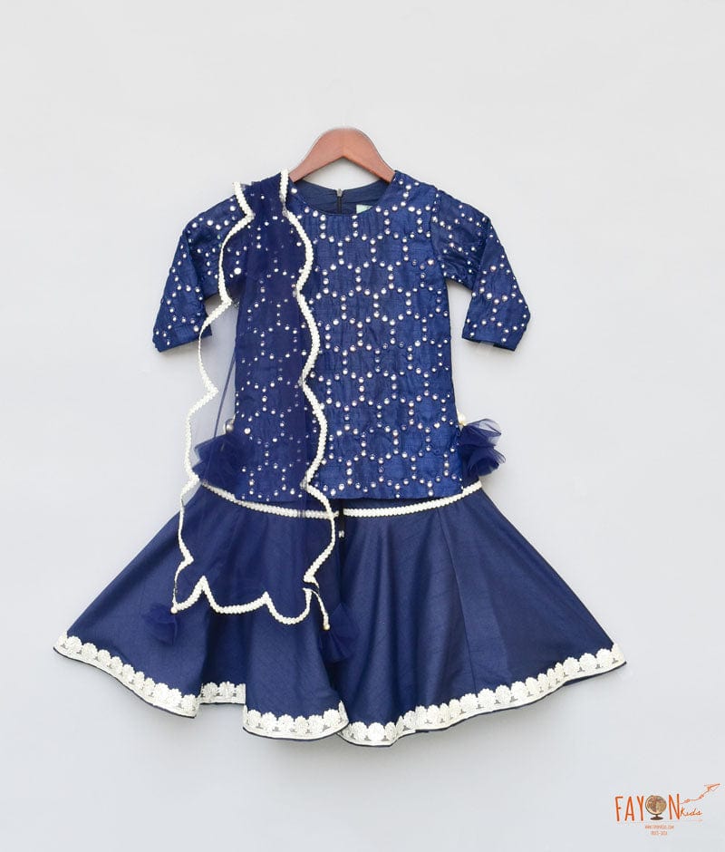 Fayon Kids Dark Blue Mirror Work Dark Blue Silk Sharara with Kurti Net Dupatta for Girls