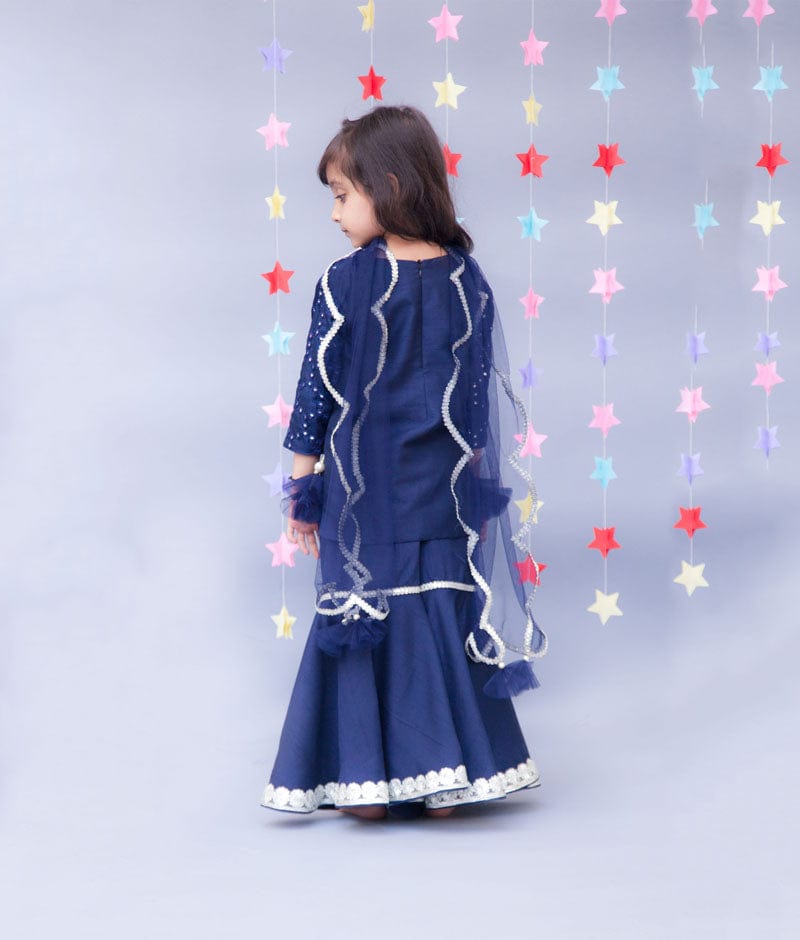 Fayon Kids Dark Blue Mirror Work Dark Blue Silk Sharara with Kurti Net Dupatta for Girls