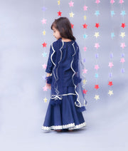 Dark Blue Mirror Work Dark Blue Silk Sharara with Kurti Net Dupatta for Girls