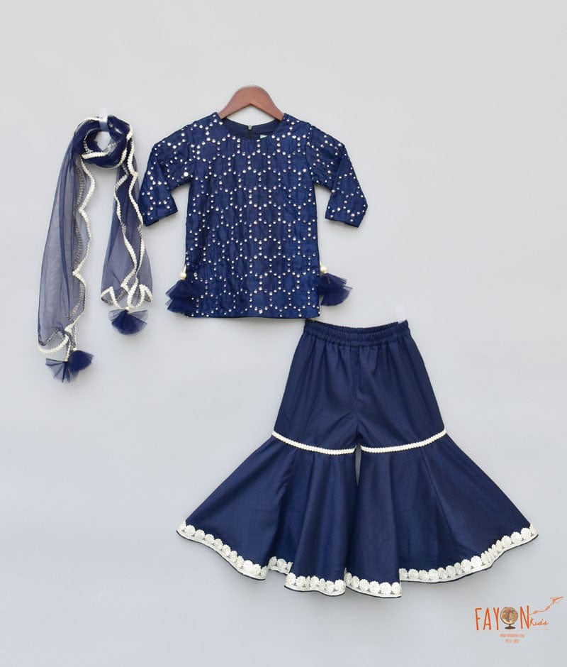 Fayon Kids Dark Blue Mirror Work Dark Blue Silk Sharara with Kurti Net Dupatta for Girls