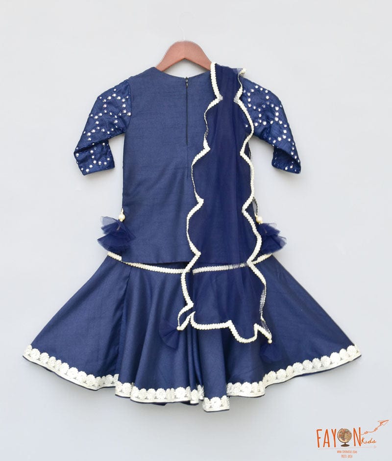 Fayon Kids Dark Blue Mirror Work Dark Blue Silk Sharara with Kurti Net Dupatta for Girls