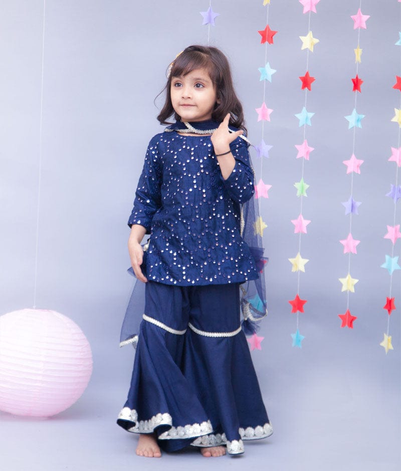 Fayon Kids Dark Blue Mirror Work Dark Blue Silk Sharara with Kurti Net Dupatta for Girls