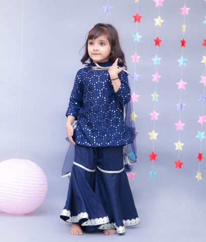 Fayon Kids Dark Blue Mirror Work Dark Blue Silk Sharara with Kurti Net Dupatta for Girls