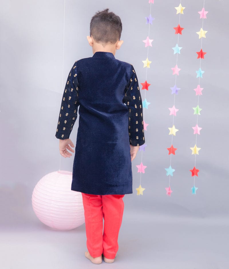 Fayon Kids Dark Blue Velvet Ajkan with Pant for Boys