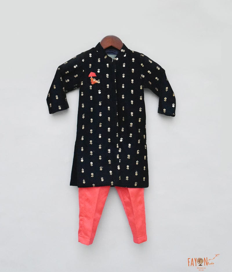 Fayon Kids Dark Blue Velvet Ajkan with Pant for Boys