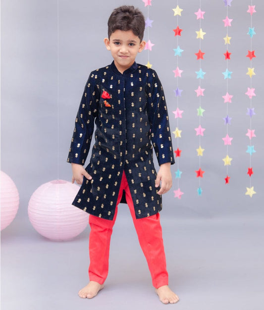 Fayon Kids Dark Blue Velvet Ajkan with Pant for Boys