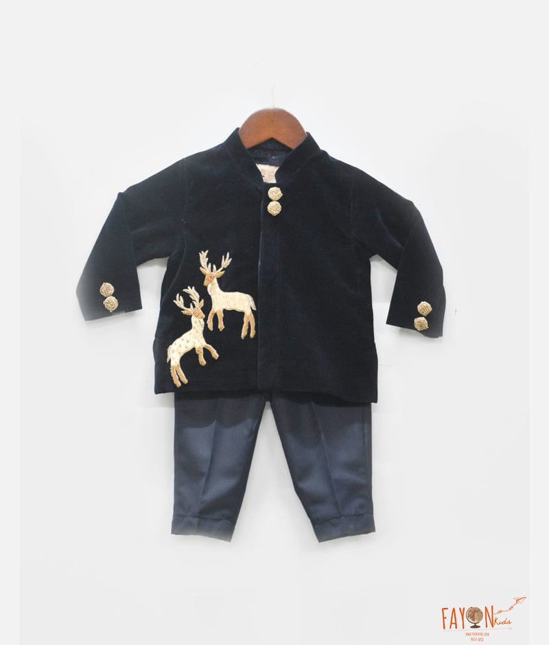 Fayon Kids Dark Blue Velvet Bandgala with Blue Pant for Boys