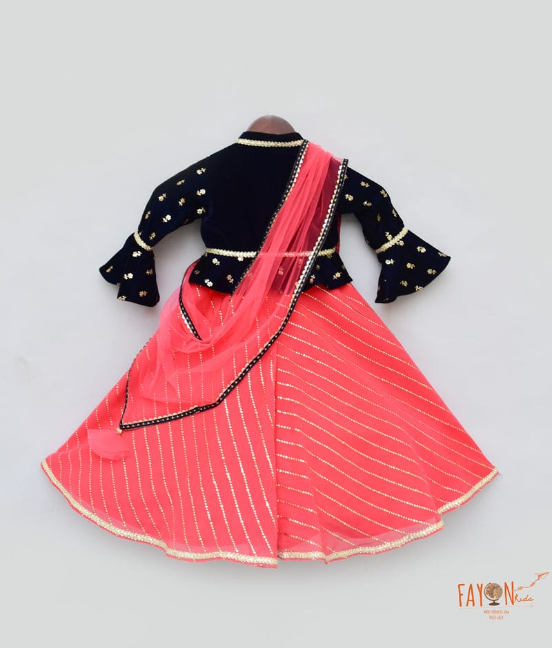 Fayon Kids Dark Blue Velvet Coral Anarkali with Net Dupatta for Girls