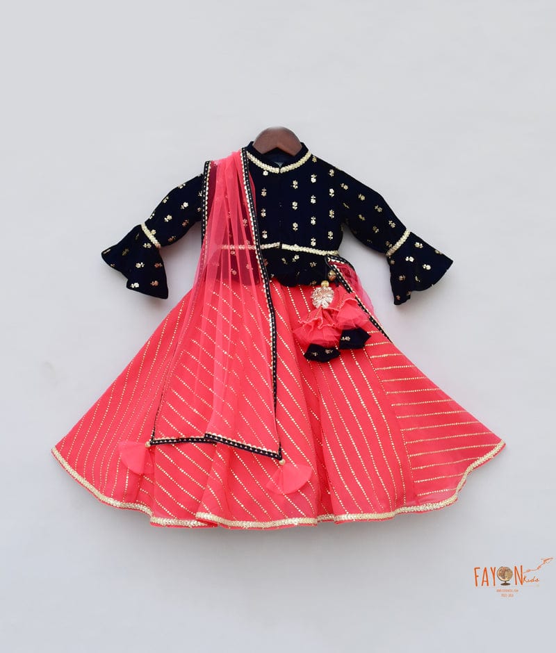 Fayon Kids Dark Blue Velvet Coral Anarkali with Net Dupatta for Girls