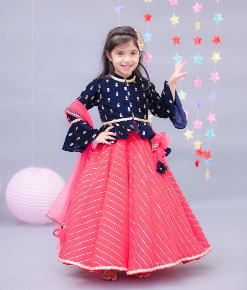 Fayon Kids Dark Blue Velvet Coral Anarkali with Net Dupatta for Girls