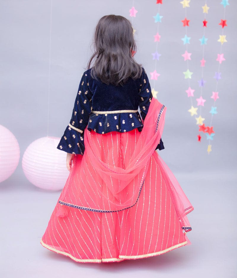 Fayon Kids Dark Blue Velvet Coral Anarkali with Net Dupatta for Girls