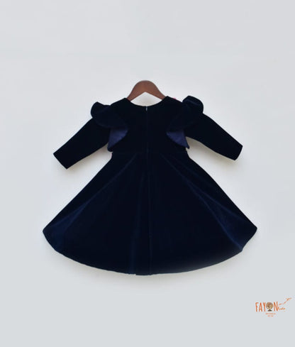 Fayon Kids Dark Blue Velvet Dress with 3D Flowers for Girls