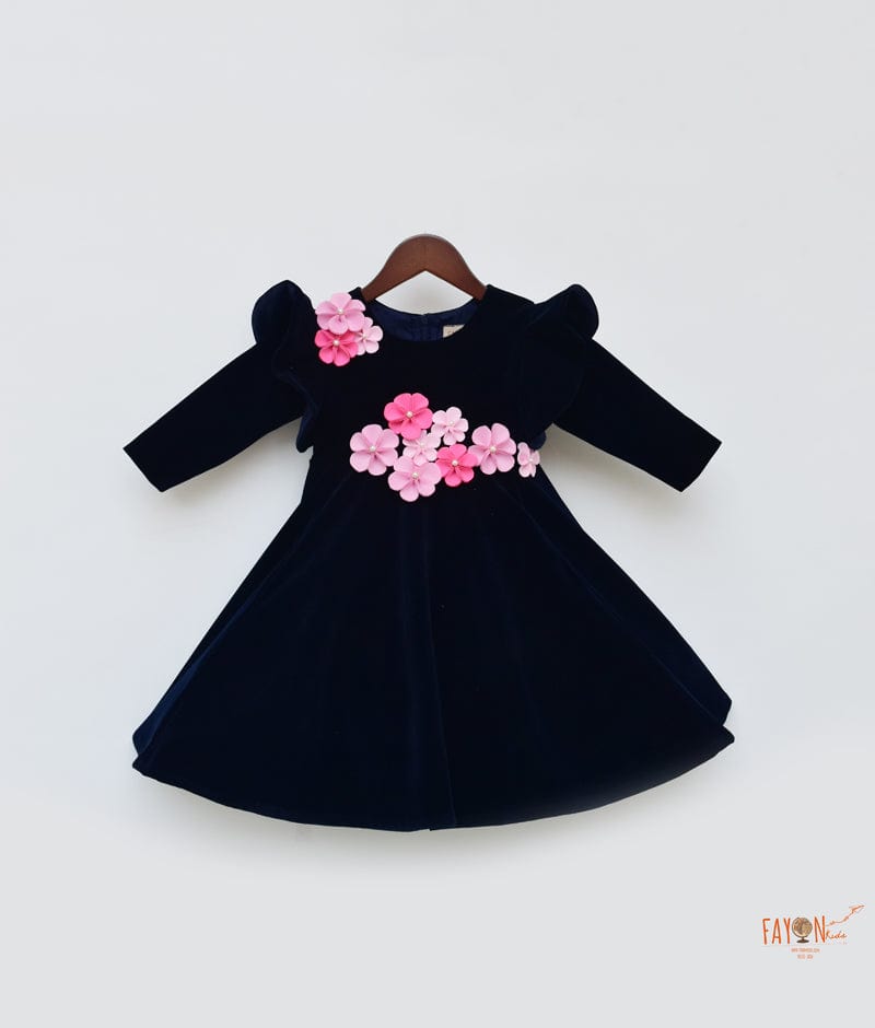 Fayon Kids Dark Blue Velvet Dress with 3D Flowers for Girls