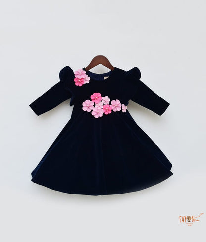 Fayon Kids Dark Blue Velvet Dress with 3D Flowers for Girls