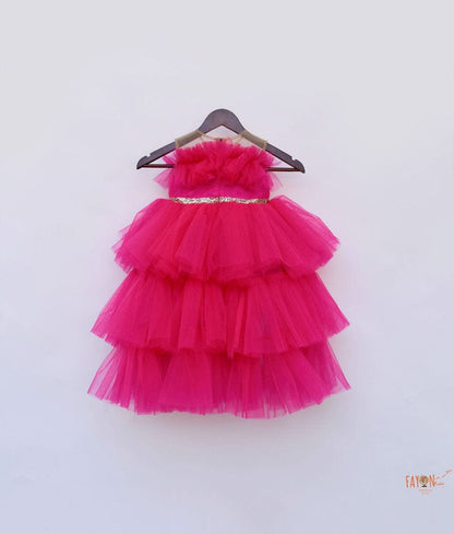 Fayon Kids Dark Pink Net High Low Dress for Girls