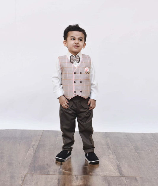 Fayon Kids Dusty Brown Check Waist Coat with White Shirt Brown Pant for Boys