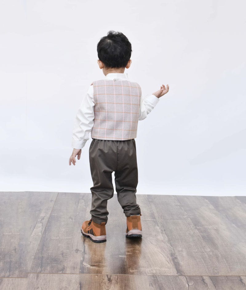 Fayon Kids Dusty Brown Check Waist Coat with White Shirt Brown Pant for Boys