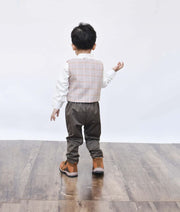 Dusty Brown Check Waist Coat with White Shirt Brown Pant for Boys