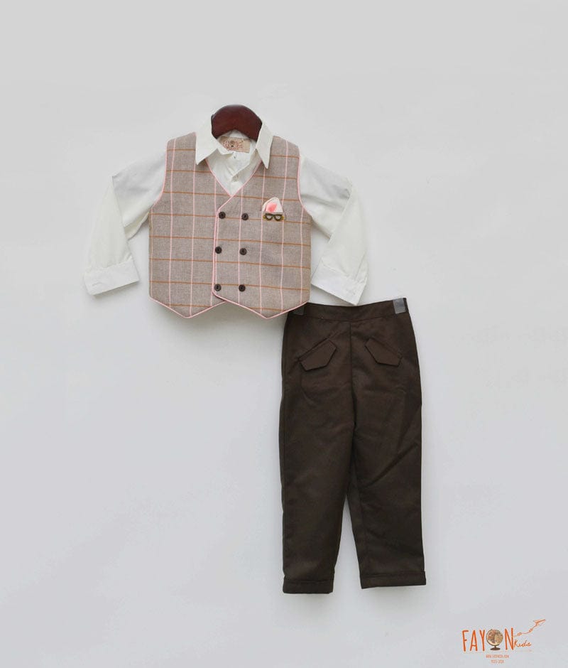 Fayon Kids Dusty Brown Check Waist Coat with White Shirt Brown Pant for Boys