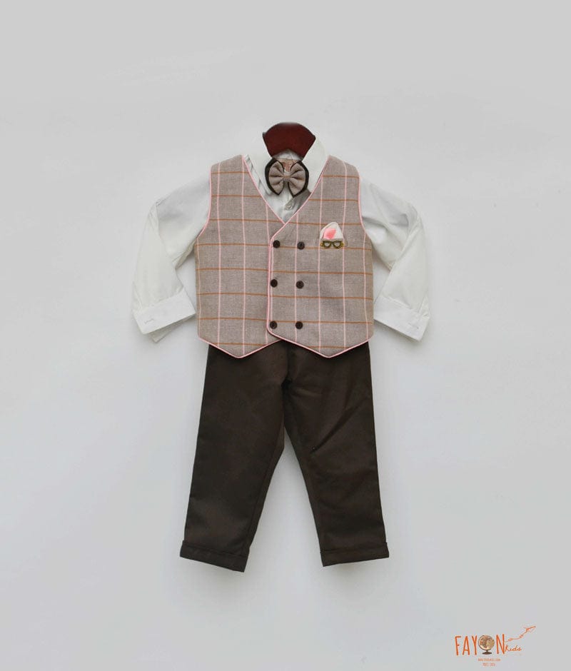 Fayon Kids Dusty Brown Check Waist Coat with White Shirt Brown Pant for Boys