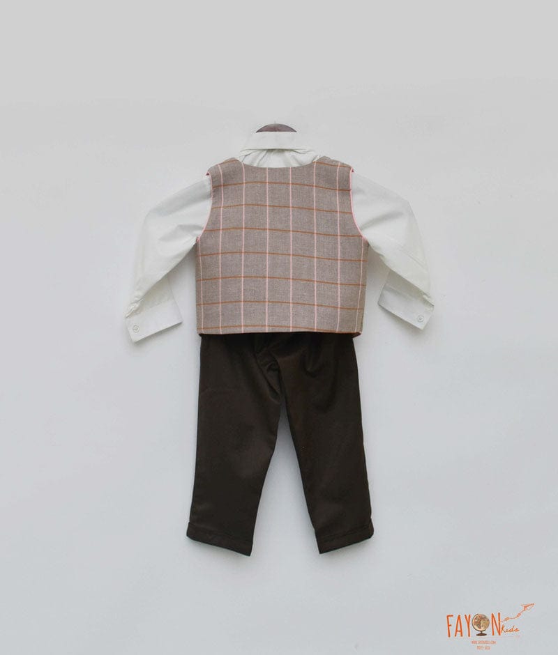 Fayon Kids Dusty Brown Check Waist Coat with White Shirt Brown Pant for Boys