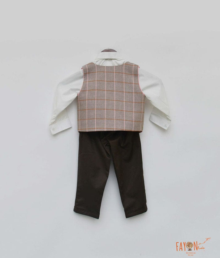Fayon Kids Dusty Brown Check Waist Coat with White Shirt Brown Pant for Boys