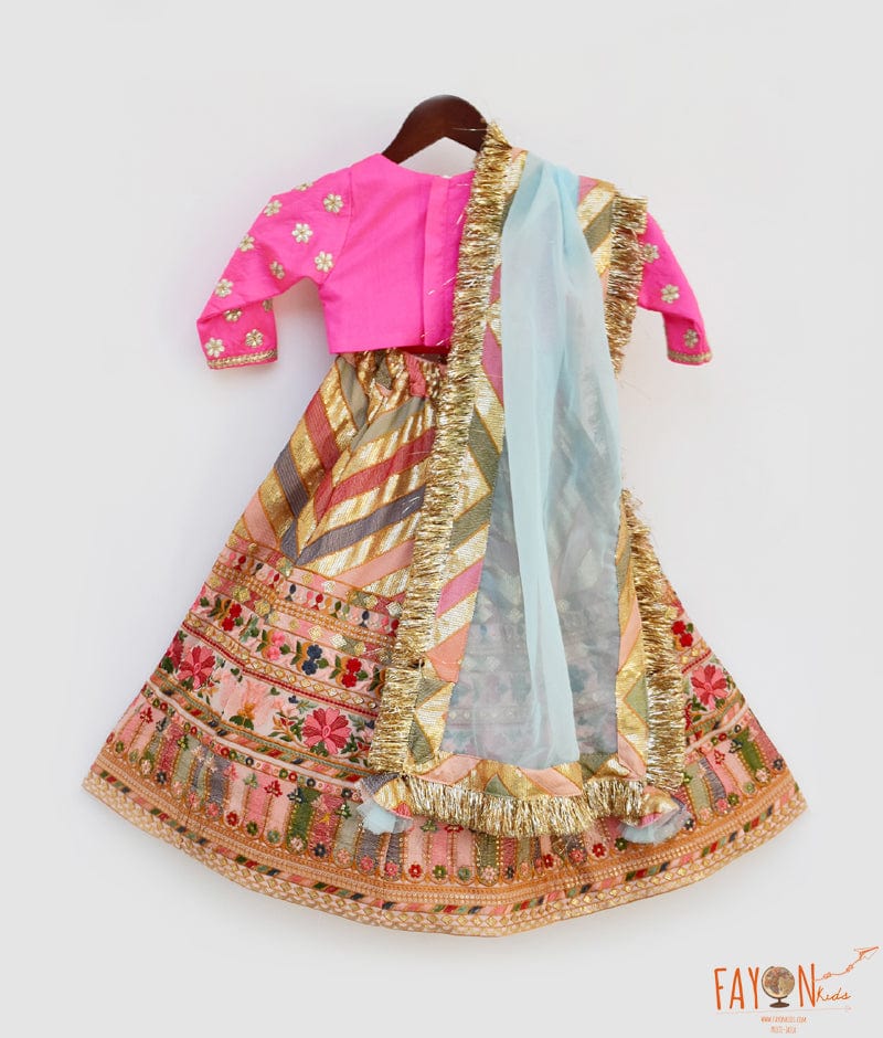 Embroidery Lehenga Hot Pink Silk Flower Boti Choli Dupatta for Girls