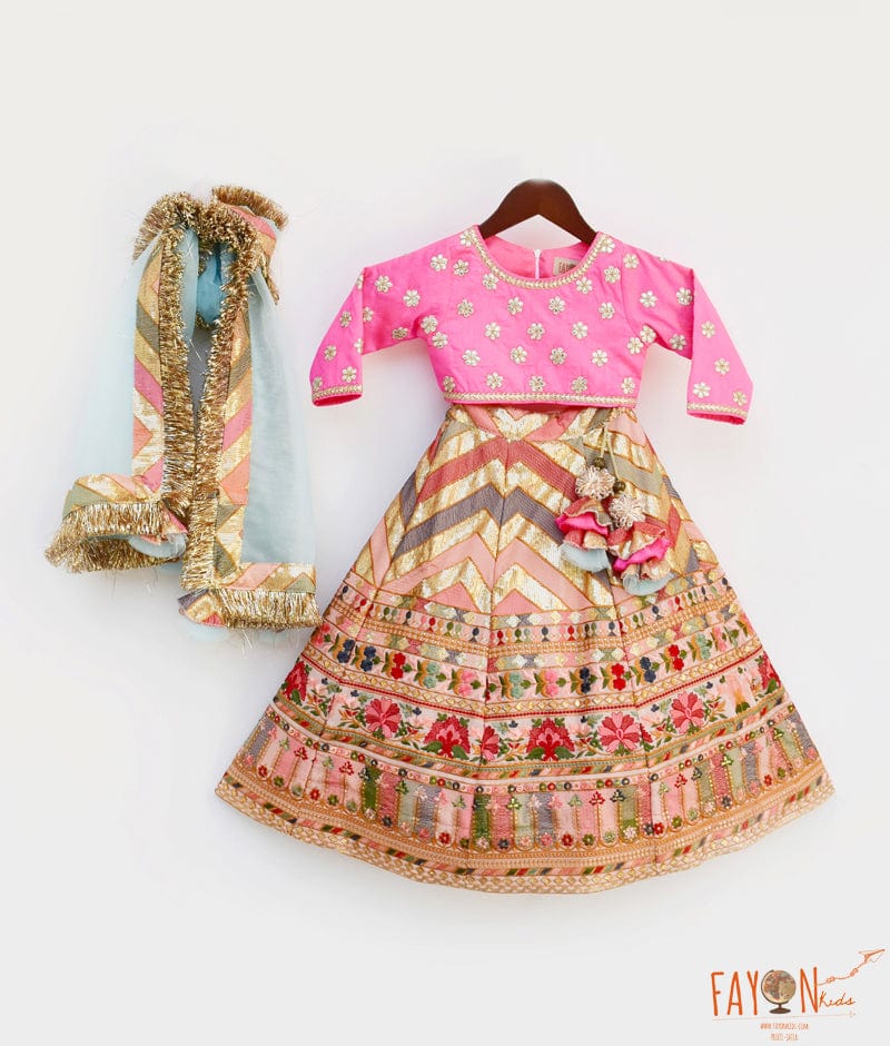 Embroidery Lehenga Hot Pink Silk Flower Boti Choli Dupatta for Girls