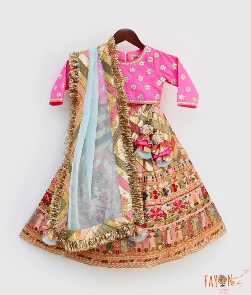 Embroidery Lehenga Hot Pink Silk Flower Boti Choli Dupatta for Girls