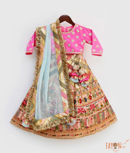 Embroidery Lehenga Hot Pink Silk Flower Boti Choli Dupatta for Girls