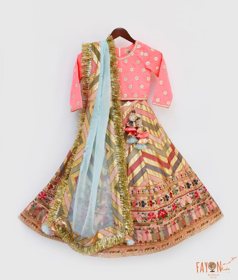 Embroidery Lehenga Pink Silk Flower Boti Choli Dupatta for Girls
