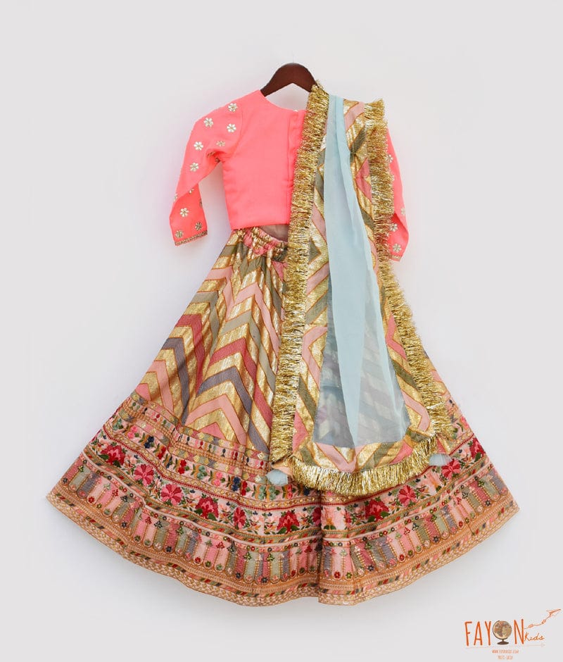 Fayon Kids Embroidery Lehenga Pink Silk Flower Boti Choli Dupatta for Girls