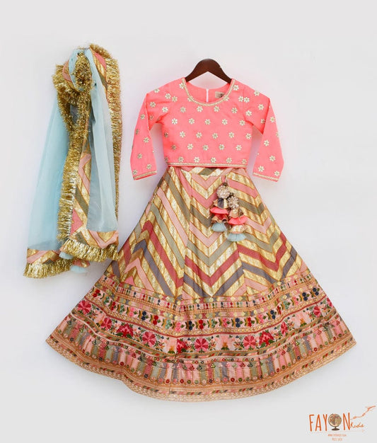 Embroidery Lehenga Pink Silk Flower Boti Choli Dupatta for Girls