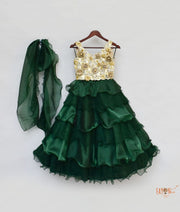 Emerald Green Organza Lehenga with 3D Flowers Choli Organza Dupatta for Girls