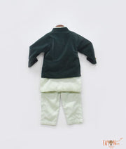 Emerald Green Velvet Jacket with Pista Green Kurta Pant for Boys