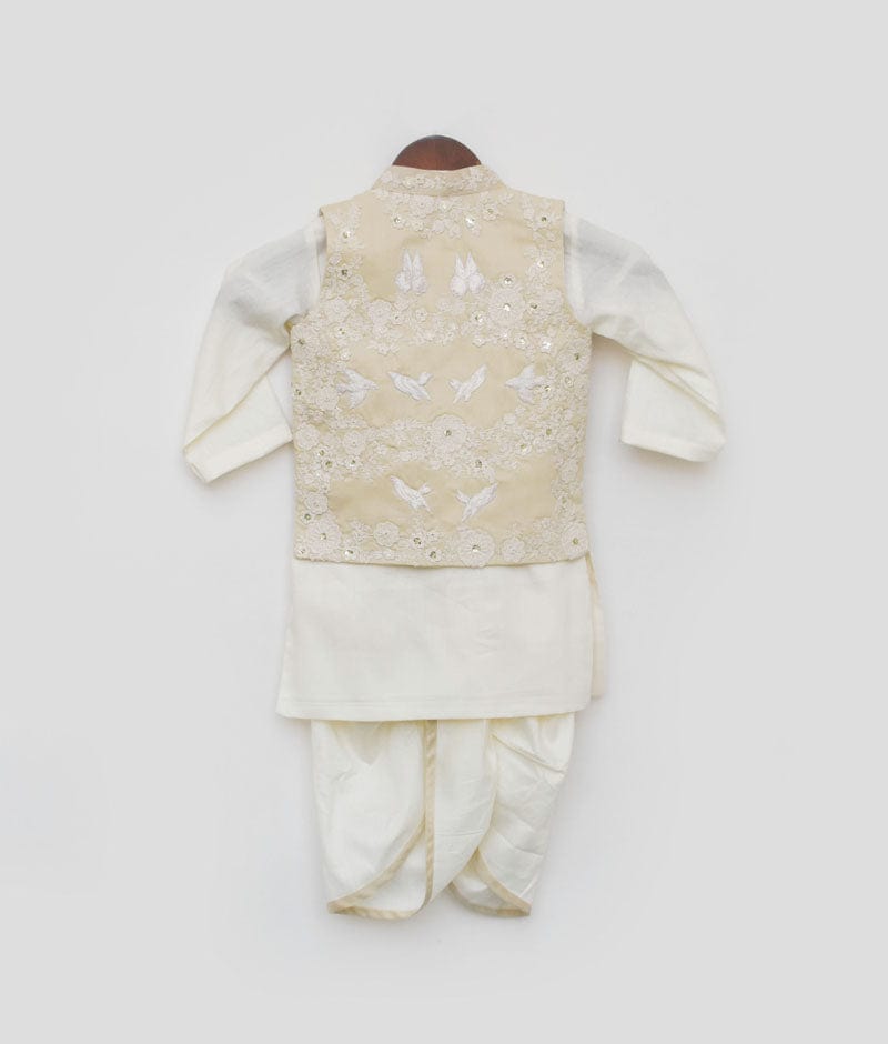 Fawn Color Embroidery Jacket and Kurta Dhoti for Boys