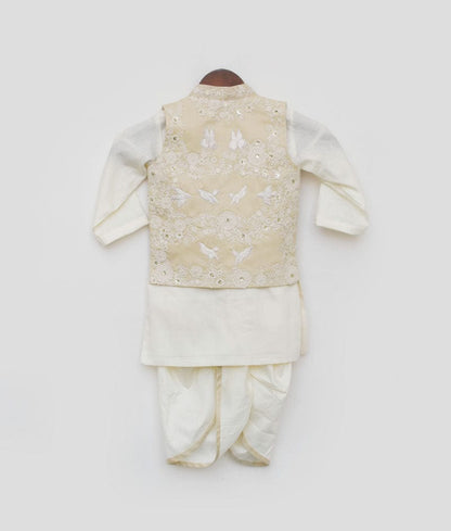 Fawn Color Embroidery Jacket and Kurta Dhoti for Boys