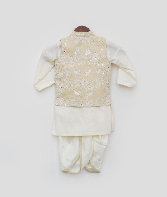 Fawn Color Embroidery Jacket and Kurta Dhoti for Boys