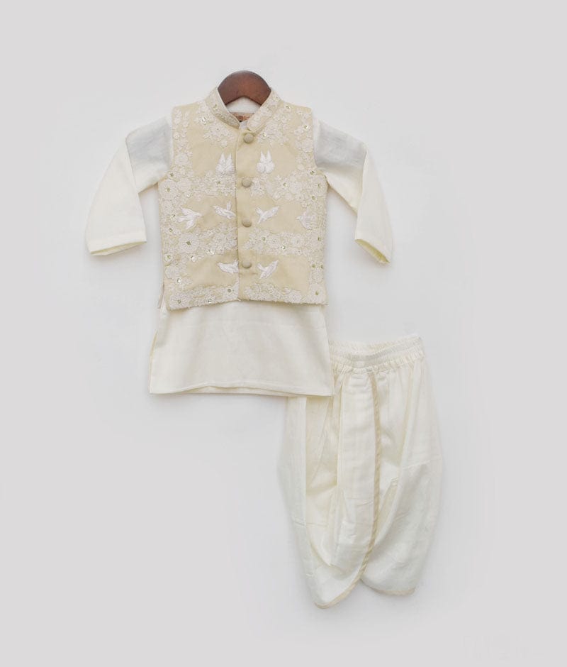 Fawn Color Embroidery Jacket and Kurta Dhoti for Boys