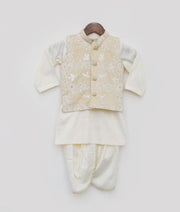 Fawn Color Embroidery Jacket and Kurta Dhoti for Boys