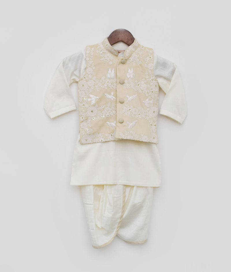 Fawn Color Embroidery Jacket and Kurta Dhoti for Boys