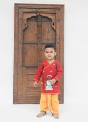 God Red Yellow Silk Kurta with Printed Dhoti set for boys
