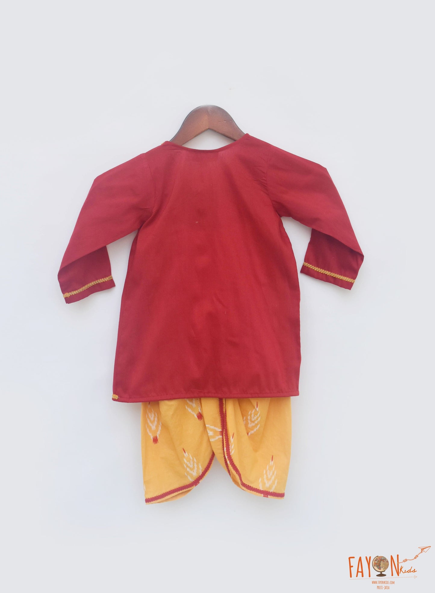 Fayon Kids God Red Yellow Silk Kurta with Printed Dhoti set for boys