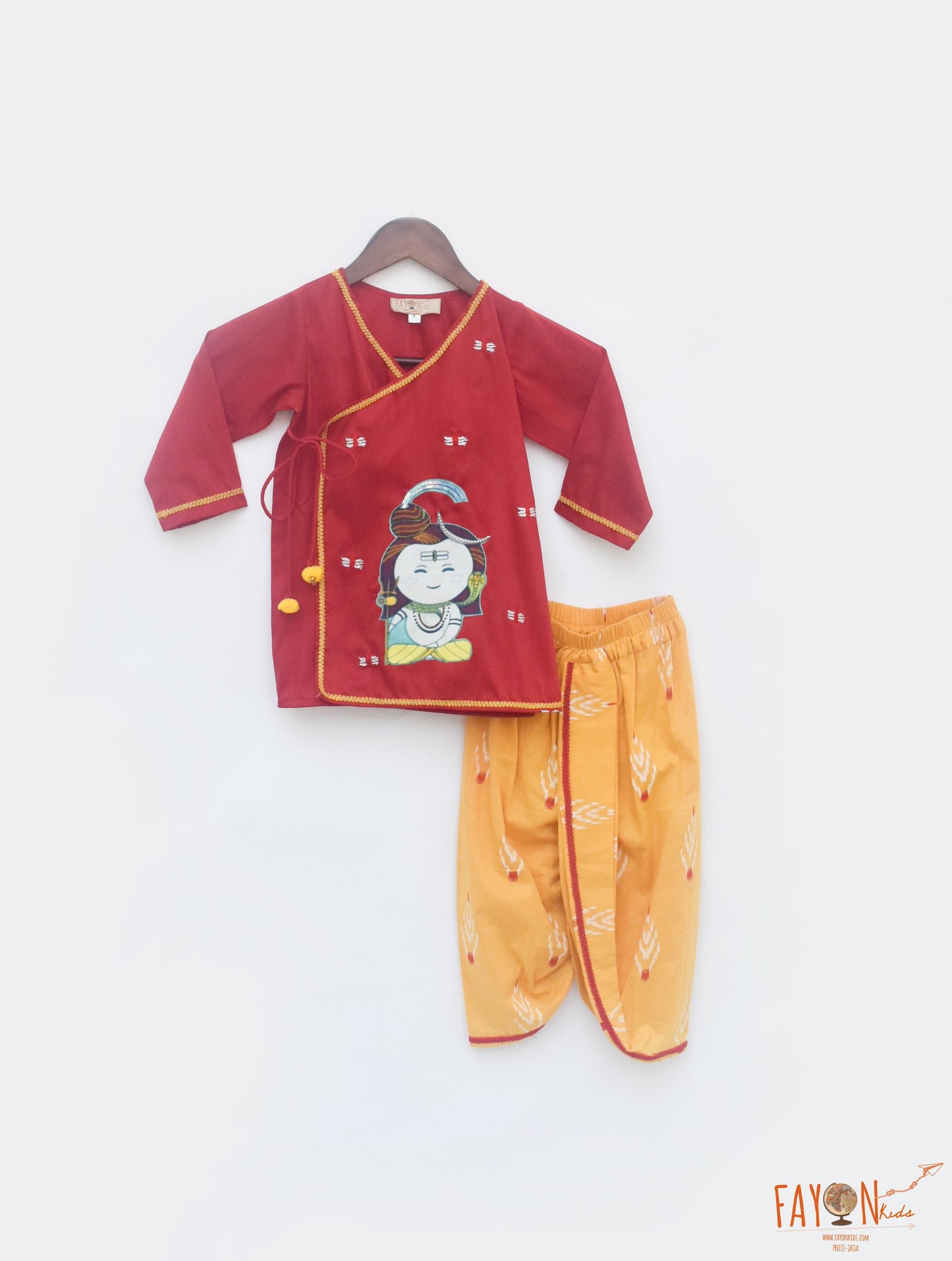 Fayon Kids God Red Yellow Silk Kurta with Printed Dhoti set for boys