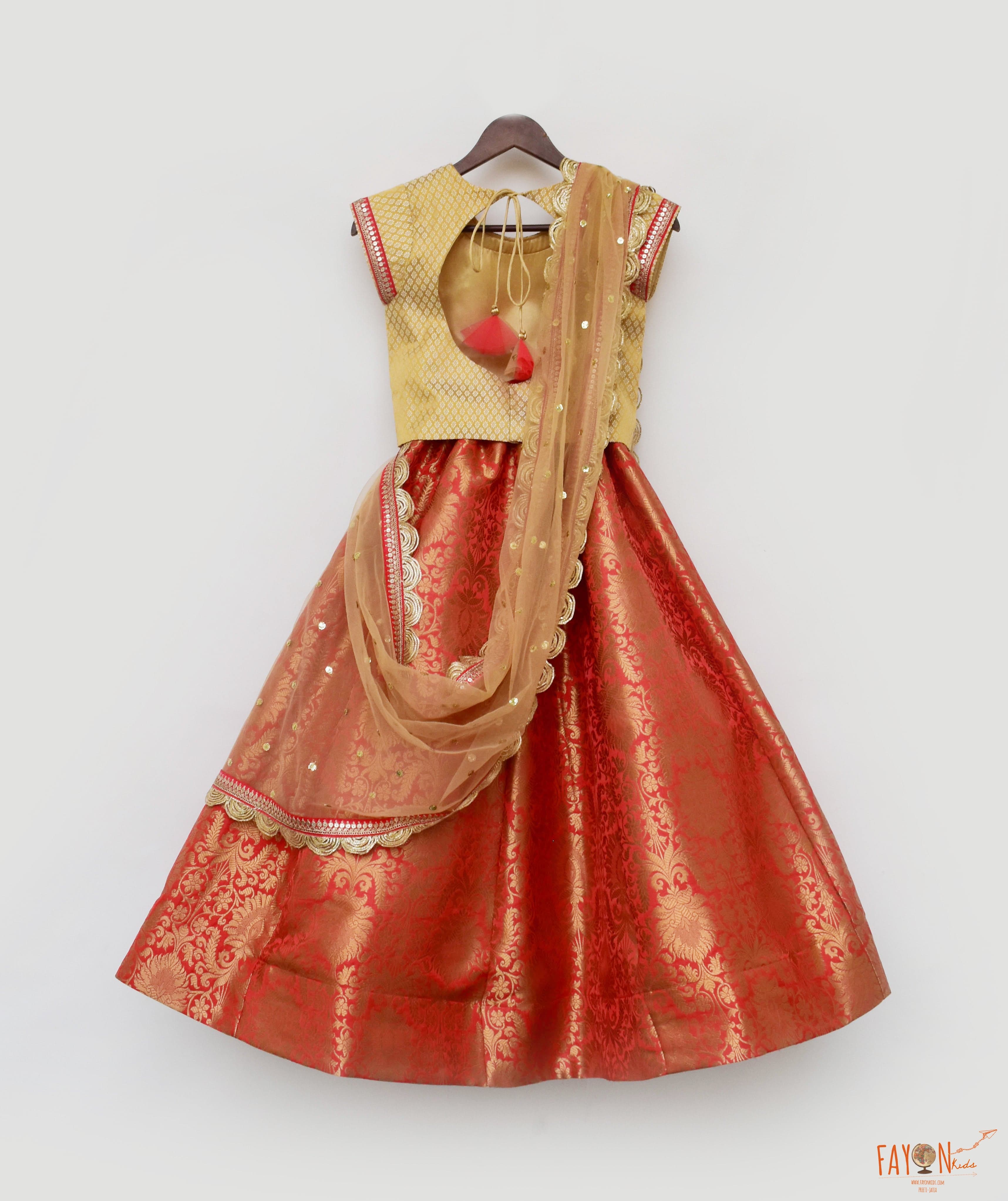 Golden Brocade Coral Brocade Lehenga with Choli Boti Net Dupatta for G FayonKids